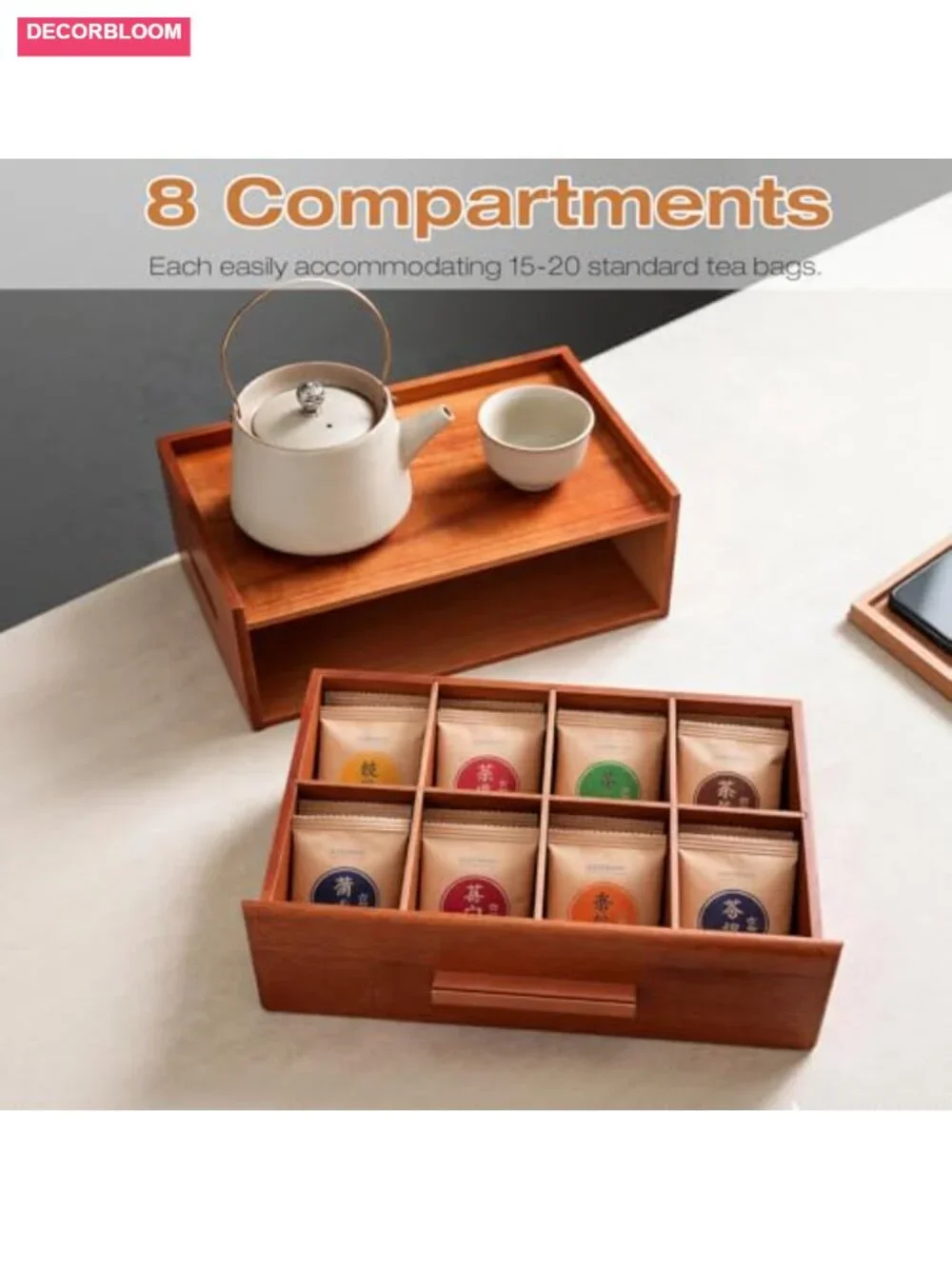 Acacia Wooden Tea Bag Organizer Storage Box with Drawers